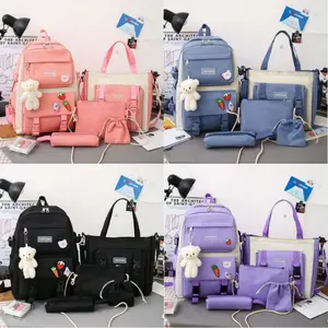 5 Pcs/Set Simple Casual Canvas Backpack, Large-Capacity School & Travel Shoulder Bag, Colorful Party Gifts