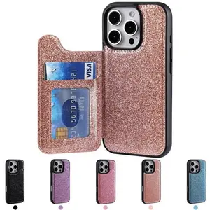 Wallet Style Glitter Phone Cases with Credit Card Slots Available in Multiple Colors and Designs