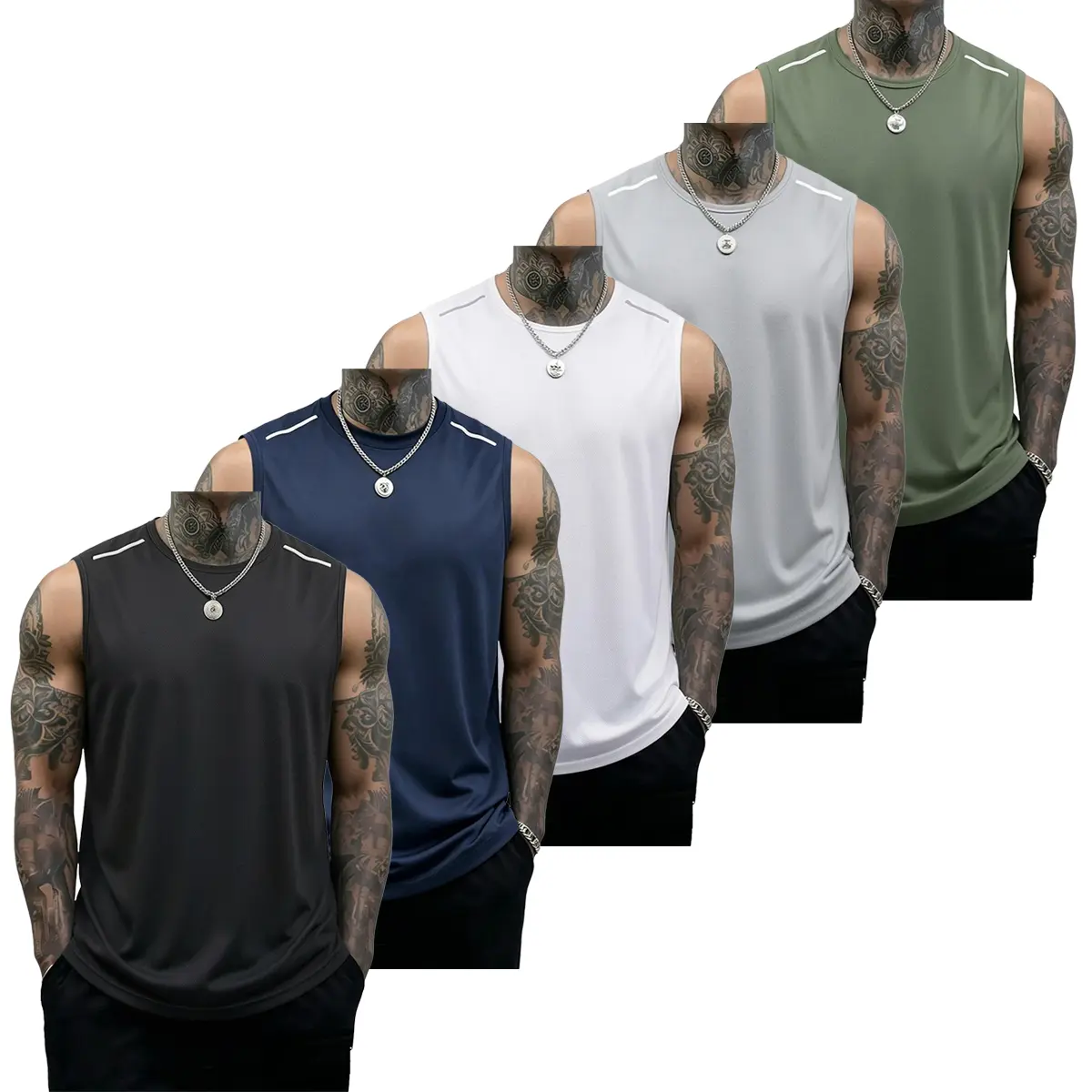 5-piece men’s fitness tank top set: casual soft sleeveless muscle T-shirt, bodybuilding T-shirt, sports tank top; solid color design, summer vibe, summerwins, Father’s Day gift,back to school,back to school shopping