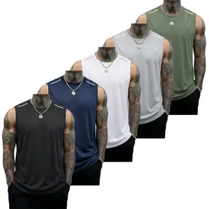 5PCS Men’s Fitness Sports Tank Tops: casual soft sleeveless fitness muscle T-shirts, bodybuilding T-shirts, men’s crew-neck compression basketball shorts, sports tank tops; solid color design for a summer vibe.