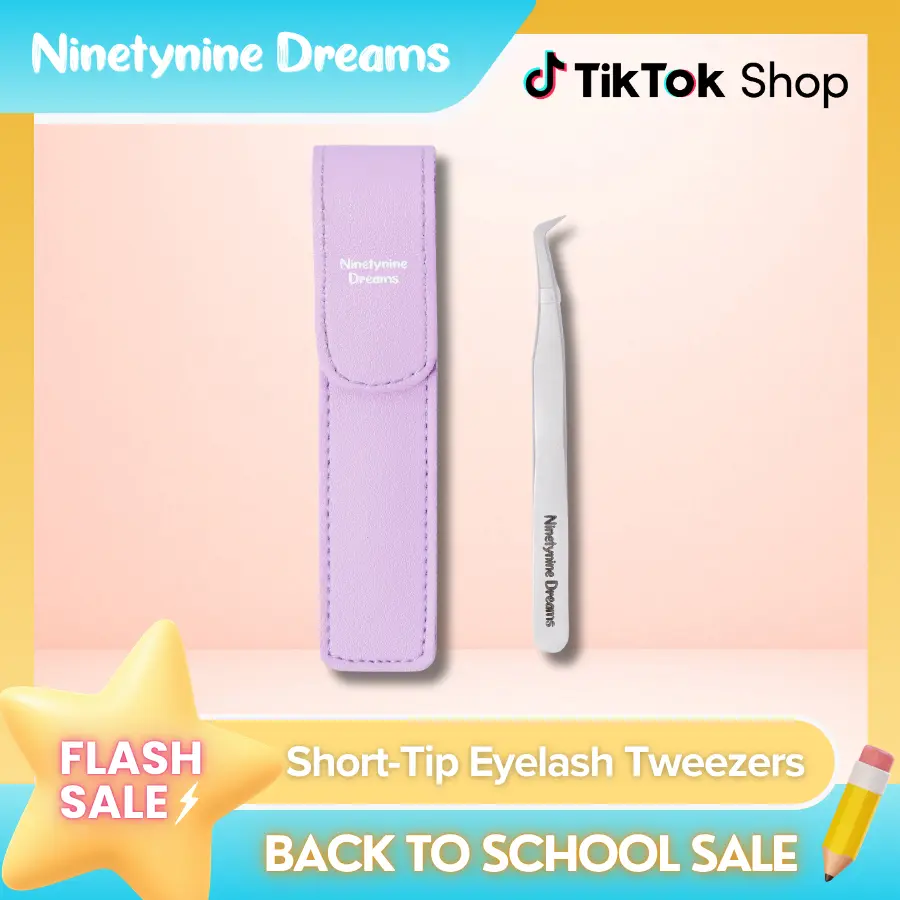 Ninetynine Dreams Eyelash Tweezers | Short-Tip Professional Precision Applicator Tool for Eyelashes — Anti-Slip Grip, Perfect for Lash Clusters & Strip Lashes, Includes Tweezers Pouch for Safe Storage, Beginner Friendly Eyelash Application Must-Have Tools