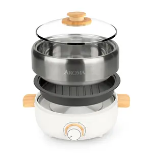 AROMA Whatever Pot Aroma Stainless Steel 2 in 1 Hot Pot with Glass Lid White 2.5 L AMC-130 Electric Hot Pot with Adjustable Temperature Control for One-Pot Meals