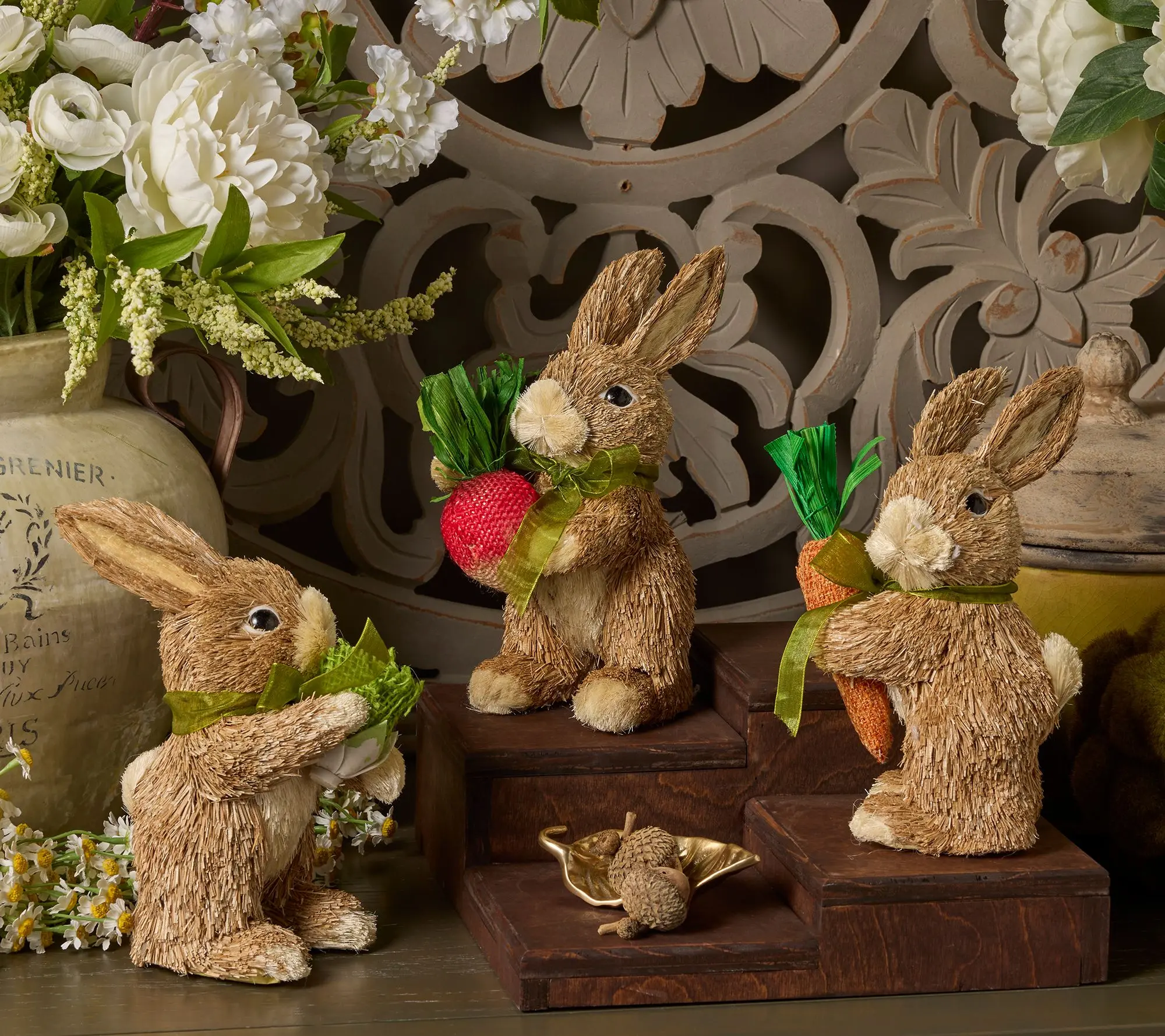 Set of 3 Sisal Bunnies with Veggies by Valerie