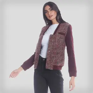 Members Only Women's Updated Tweed Varsity Jacket with Contrast Sleeve - Casual Fabric