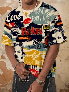Men’s Pop Art Collage “Relax Love Forever Young” Graphic Tee, Oversized Streetwear Shirt with retro faces, lip prints & bold text, vibrant multi-color design, perfect for casual outings, vintage-inspired looks, and everyday wear for a fun, artistic vibe.