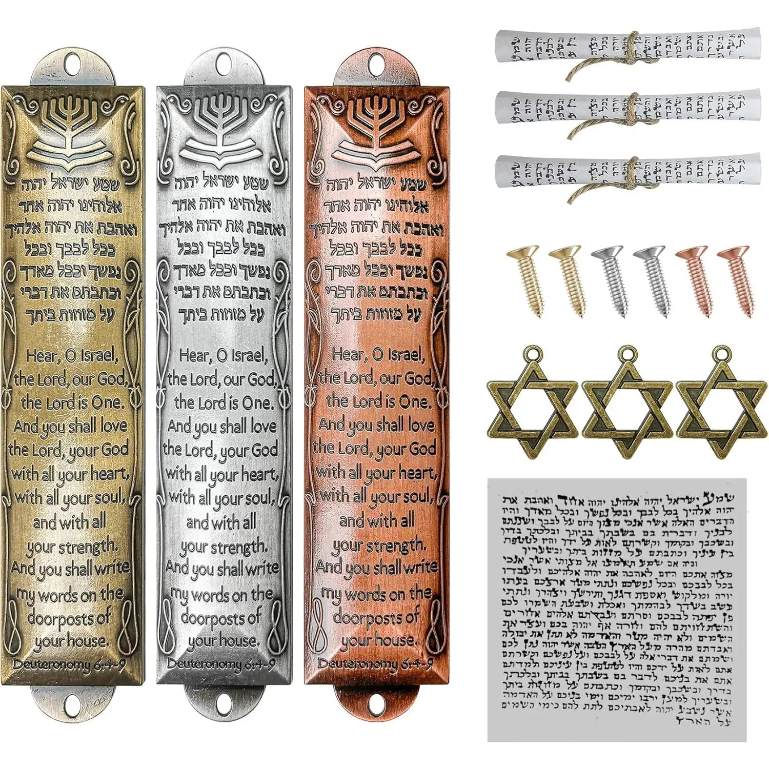 FEIXICHUJI Mezuzah with Scroll for Door, Set of 3 Jewish Door Mezuzah Cases with English & Hebrew Scripture for House Warming Blessing Gifts