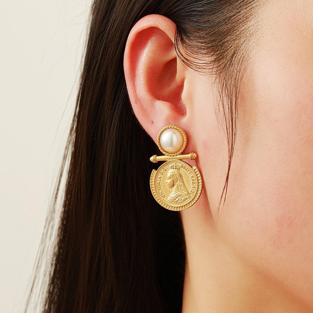 Vintage Gold Coin Earrings for Women, 18K Gold Plated Stainless Steel Pearl Stud Earrings, Hypoallergenic Retro Ins Style Dangle Earring, Non-Fade Daily Wear Jewelry Vintage Gold Coin Earrings for Women, 18K Gold Plated Stainless Steel Pearl Stud Earrings, Hypoallergenic Retro Ins Style Dangle Earring, Non-Fade Daily Wear Jewelry