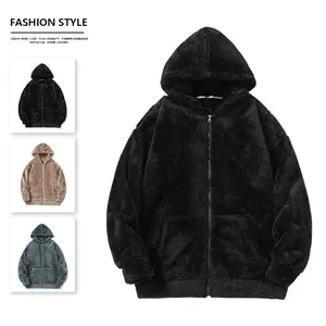 European Style Minimalist Solid Color Polar Fleece Loose Hooded Zipper Cardigan Sweatshirt Men's Winter Versatile Fleece Lined Warm Jacket casual versatile