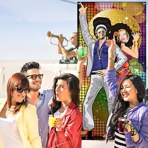 2D Flat Banner Door Cover for Disco Party Decoration, Large Hippie Theme Backdrop Photo Prop, Easy to Use No Power Needed