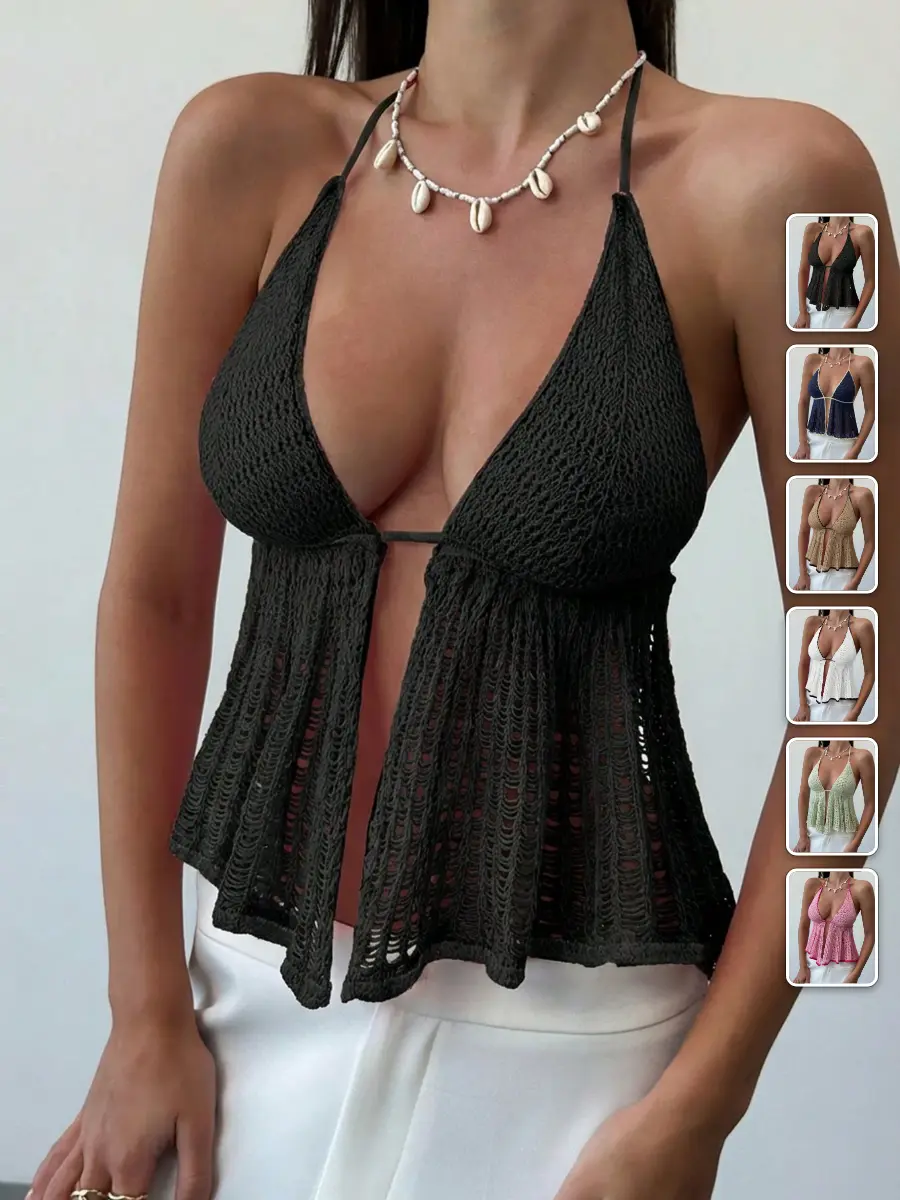 Crochet Halter Crop Top Knit Tie Back Summer Beach Vacation Y2K Outfit