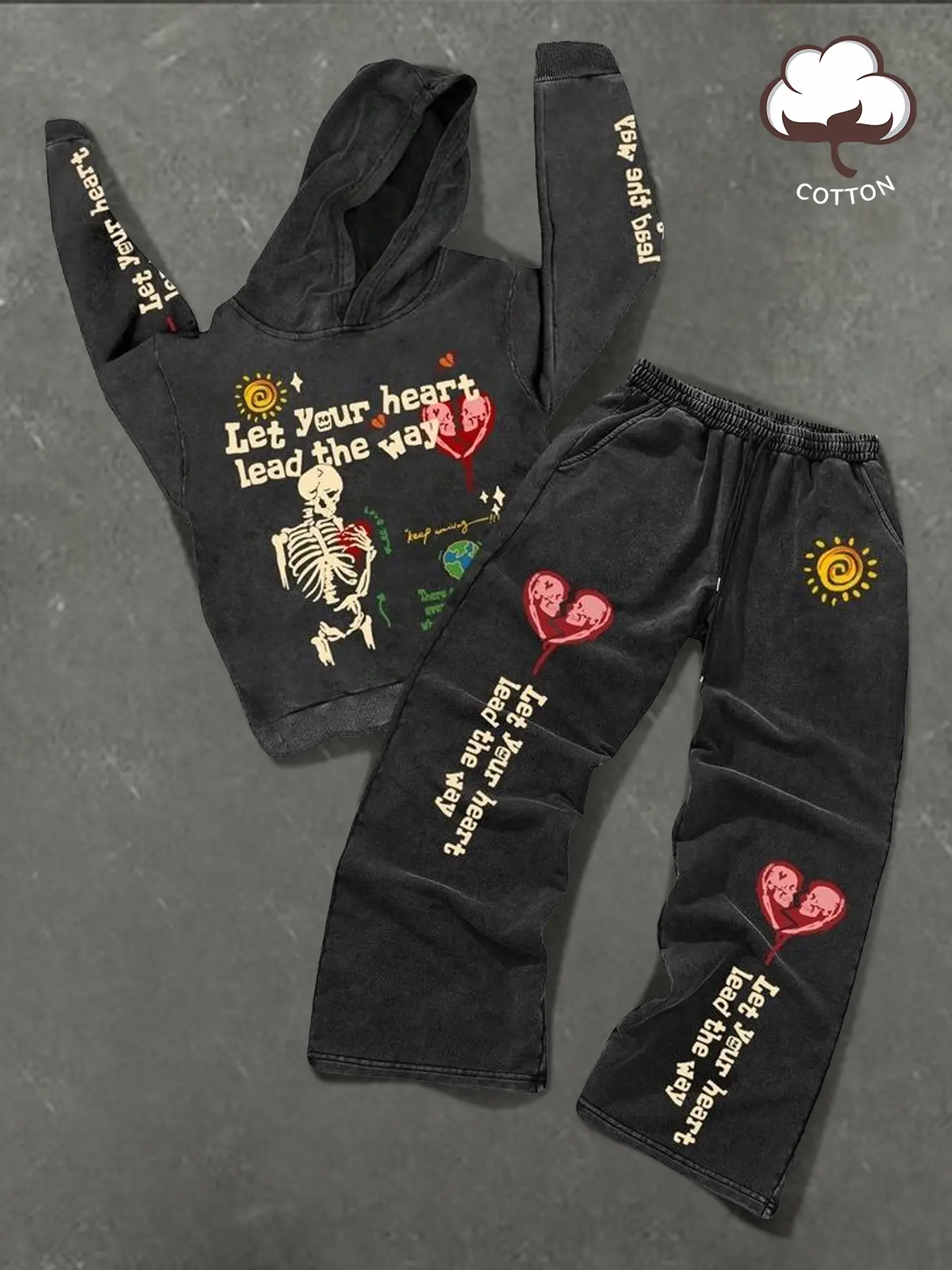 Men's Vintage Skull Heart Graphic Print Hoodie Set, Casual Long Sleeve Sweatshirt and Pants Two-Piece, Fashionable Year-Round Wear