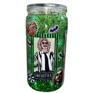 Beetlejuice Tumbler - Green Glitter Design with Iconic Character Artwork and Bat Motifs Drinkware