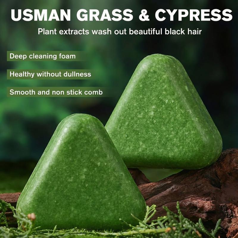 Nature Triangle Shampoo Bar Usman Grass Green Herbal Soap for Hair Growth Clean Oil Control with Polygonum Multiflorum Coconut Ginseng 80g Pack