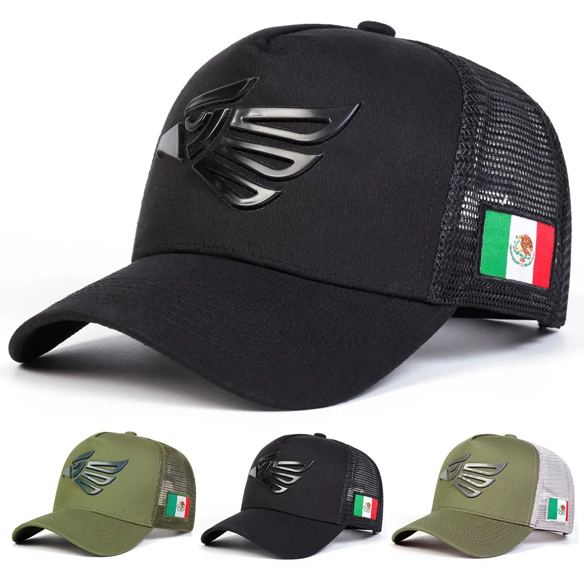 Men's Mesh Trucker Hat with Mexican Eagle Patch - Breathable & Adjustable Black Baseball Cap for Outdoor Wear, Mens Hats