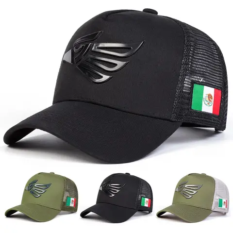 Men's Classic Black Mesh Trucker Dad Cap with Mexican Eagle Patch - Adjustable Streetwear Hat, Breathable Airy Mesh, Baseball Motif Hat for Adults, Casual Cap for Long Outdoor Outings