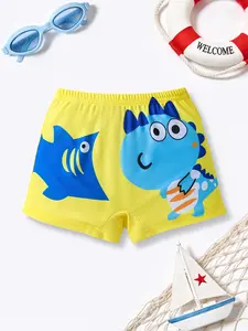 Cartoon Swim Trunks, Boys' Cute Dinosaur Fish Pattern Beach Shorts, Anti-Slip Baby Swimsuit, Sporty Style, Elastic Waist