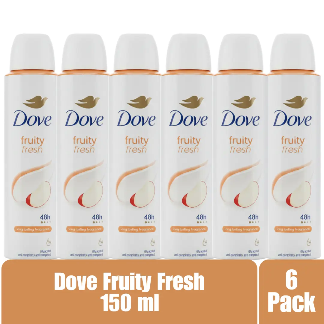 Dove Fruity Fresh Antiperspirant Deodorant Aerosol Spray 150ml 48H Protection Long Lasting Fragrance 1/4 Moisturizing Cream 0% Alcohol 6-Pack