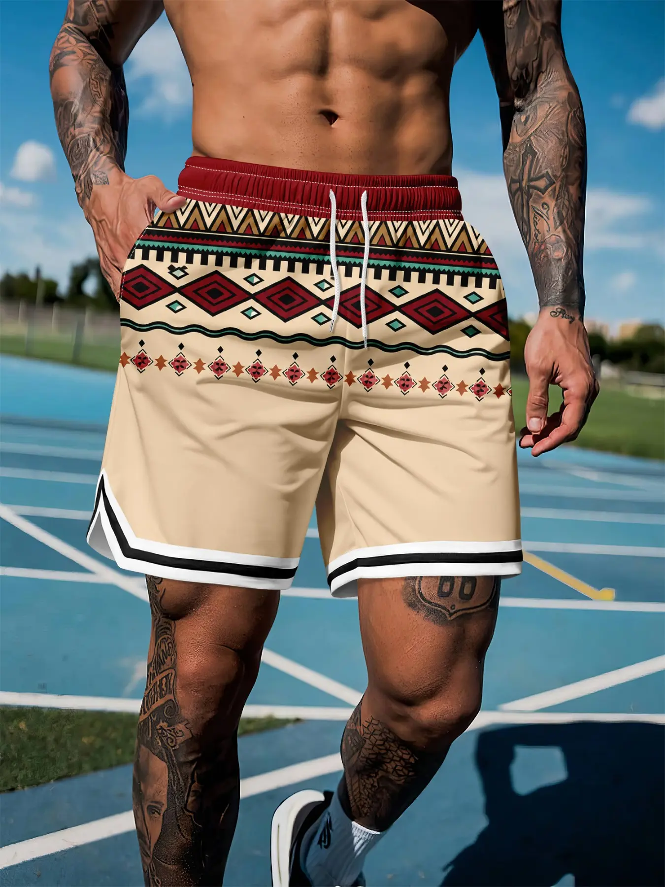 Men's Navajo Tribal Geometric Print Basketball Shorts, Casual Drawstring Elastic Waist, Comfortable Lightweight Sportswear