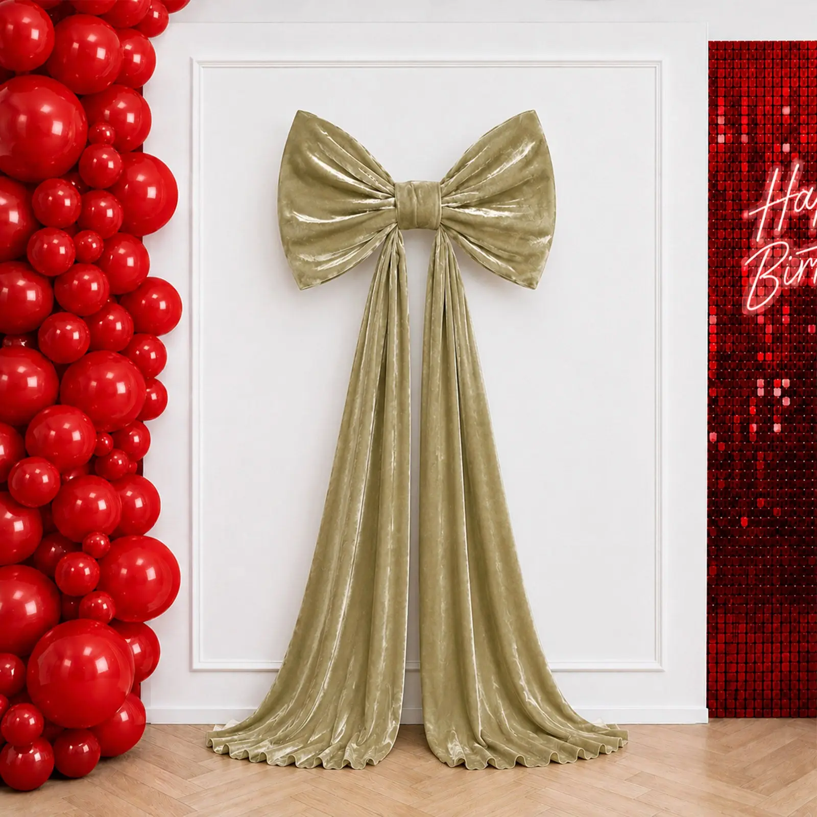 7ft Champagne Gold Velvet Giant Bow Backdrop Decor - Oversized Tie-Back Bow with Long Tails, Draping Design for Weddings, Galas (Home, Festive & Party Supplies)