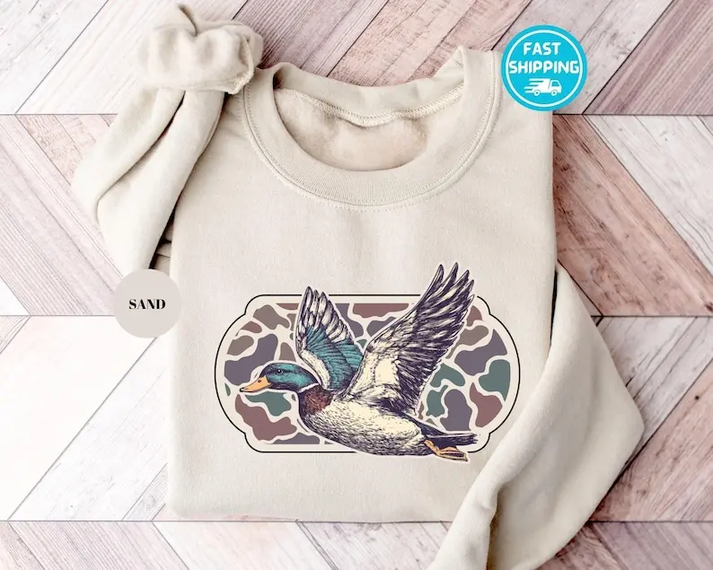 Camo Flying MaIIard Bird Old School Camo Sweatshirt, Hunting Season Sweatshirt, Lover Gift, Duck Lover Sweater