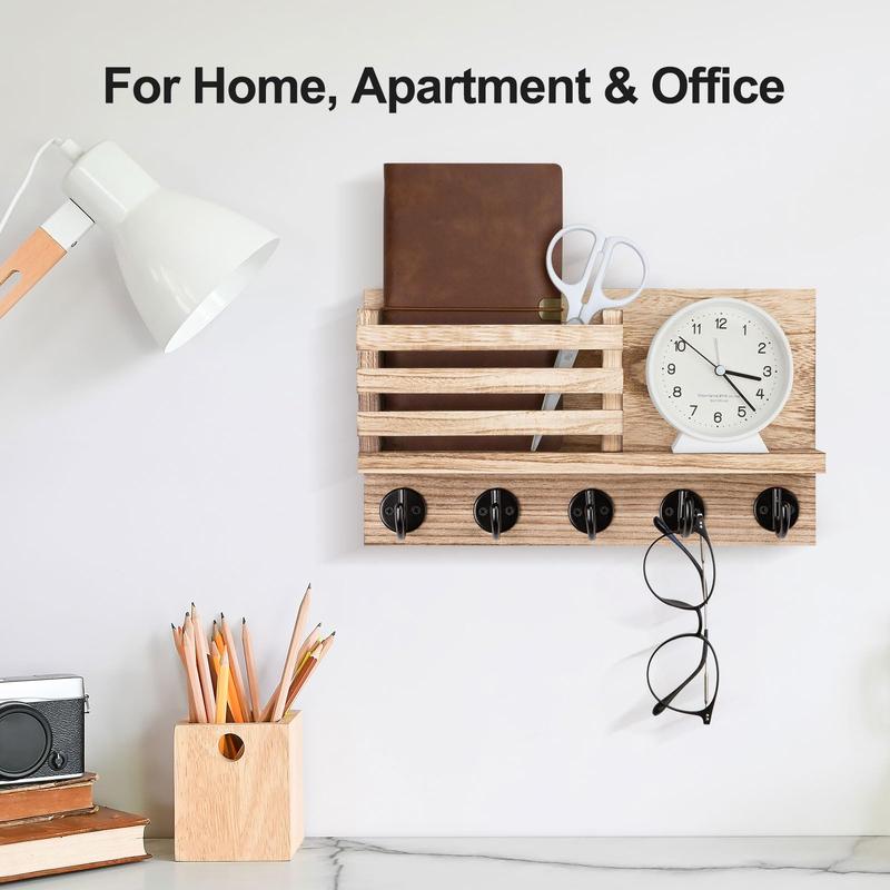 Wooden Wall Mounted Key Rack with 5 Metal Hooks, Decorative Mail Holder, Includes Installation Hardware, Ideal for Coats, Umbrellas, Bags, Storage Hooks