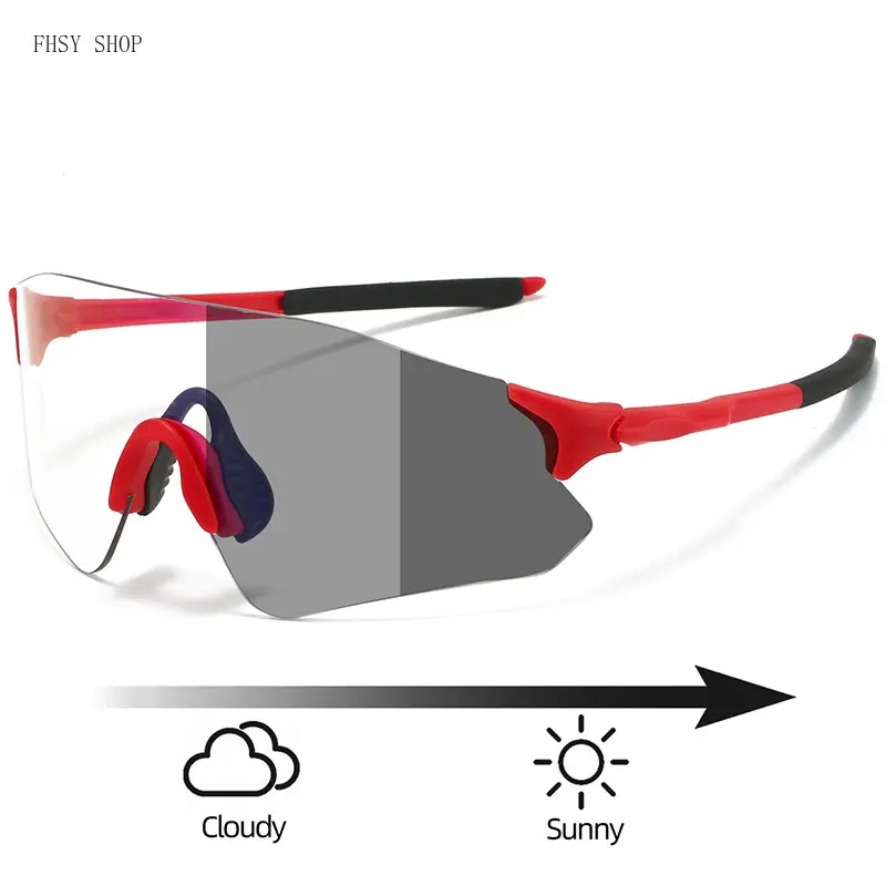 FHSY SHOP Photochromic Shield Sports Sunglasses - UV400 Protection, Lightweight Red-Black Frame, LED Light Blocking Stickers for Men, Color-Changing & Photo-Sensitive for Cycling, Driving, Color-Changing Men's Sunglasses, Photo-Sensitive Men's Sunglasses