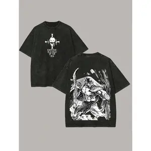 Retro Distressed One Piece Edward Newgate Whitebeard Print T Shirt Oversized Anime Streetwear Tops For Anime Fans Vintage Washed Casual Urban Fashion Loose Fit Graphic Tee Mens Womens Apparel