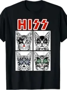 American Retro Rock Cat T-Shirt, Hiss Cat Band Fashion, Loose Fit Short Sleeve, Trendy Casual Wear, Perfect for Music Lovers