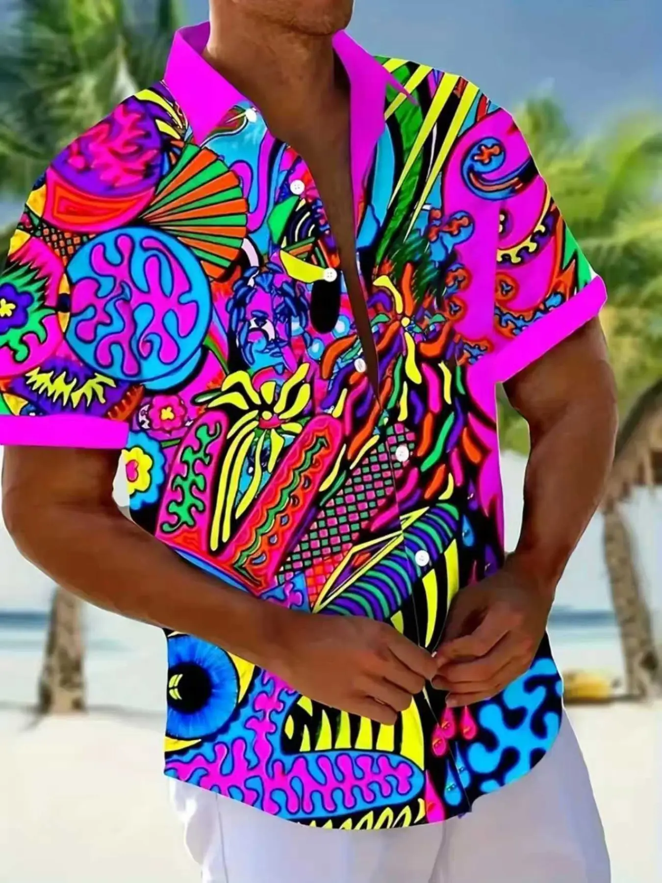 Men's Short Sleeve Casual Collared Shirt, Abstract Art 3D Digital Print, Tropical, Vintage Style, Bohemian Casual Wear, Polyester Material, Loose Fit, Pocket Design, Summer Casual Wear