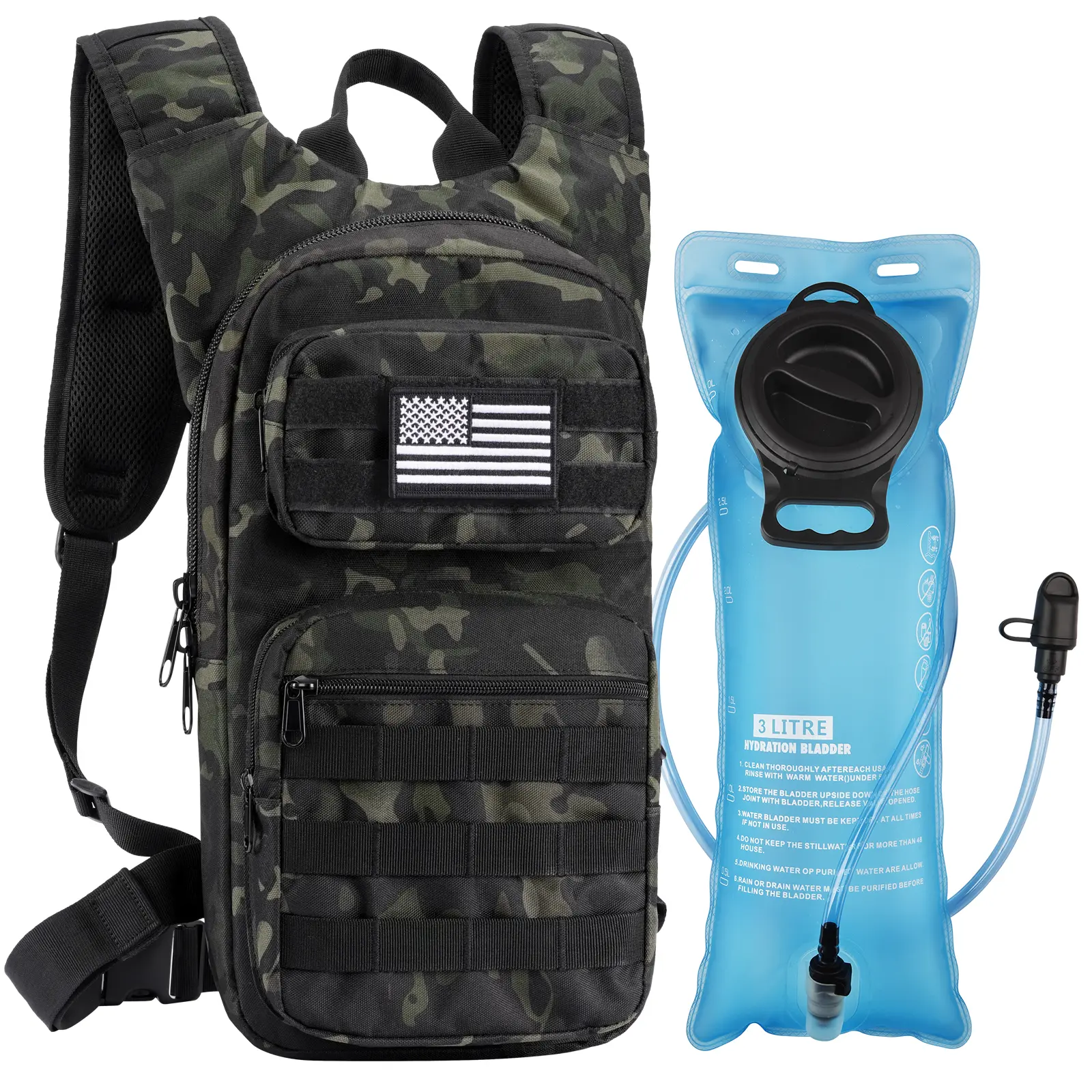 【Holiday Deal】Unisex Large Capacity Tactical Molle Hydration Backpack, 900D Nylon Abrasion-Resistant Bag with 3L TPU BPA-Free Odor-Free Reservoir, 9 Pockets, Shoulder & Waist Straps, Double Fastened Straps for Hiking, Biking, 12-Month Support, Portable