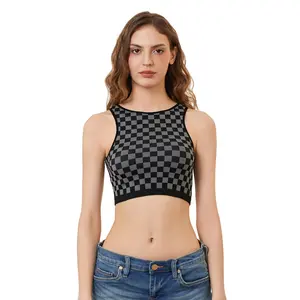 Women's Summer Cropped Tank Tops Sleeveless Round Neck Checkerboard PrintFit Vest