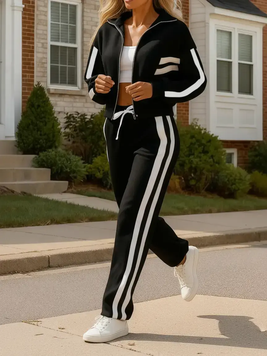 Women's Two-Piece Casual Sportswear Set, Athletic Activewear Tracksuits, Sweatsuit Outfits, Sweatsuit Sets, Zipper Sports Pants Striped Colorblock Clothing, Fall & Winter Commuter, Outdoor Sports, Sporty Style Outfits, Athleisure Wear