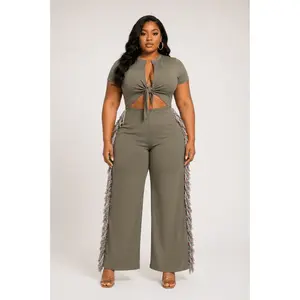 Women's Plus Size Chic Fringe Boho Mesh Overalls - Adjustable Short-Sleeve Wide Leg Rodeo Queen Style Jumpsuit for Ladies with Stylish Accessories