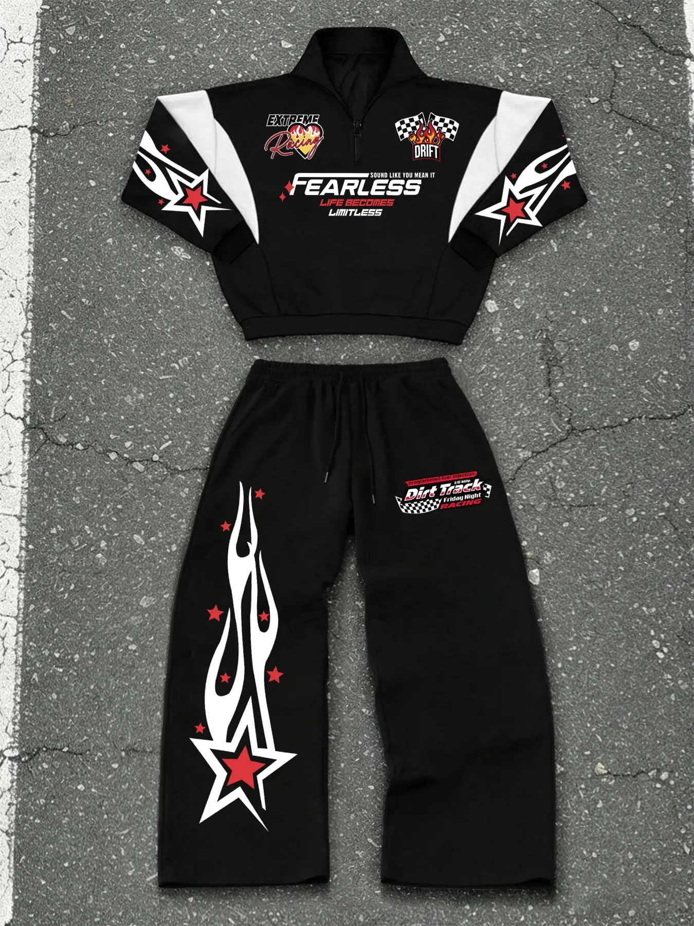 Men's New Fall and Winter Set with Flame and Star Elements, Fitted Casual Style Inspired by Racing Culture, Trendy Streetwear for Fashionable Guys