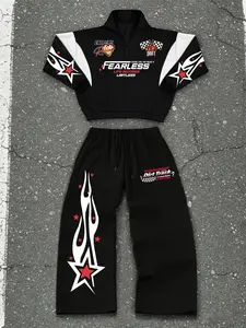Men's New Fall and Winter Set with Flame and Star Elements, Fitted Casual Style Inspired by Racing Culture, Trendy Streetwear for Fashionable Guys