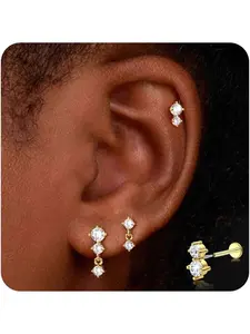 3 Pairs 18G Cartilage Earrings Flat Back Earrings Flat Pierced Earring for Women Men Hypoallergenic Internally Threaded CZ Tragus Stud Earrings Helix Labret Conch Piercing Jewellery Silver/Gold