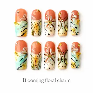 Press On Nails, 10 Pieces Medium Square Fake Nails with 3D Blooming Flower Art, Gold Charms and Rhinestones, Colorful Abstract Pattern Acrylic Nail Set for Women