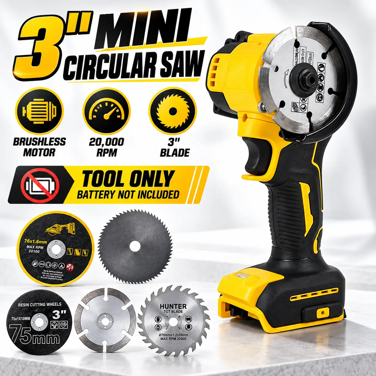 ELECMAPS 3-Inch Cordless Mini Circular Saw, 14,000 RPM Brushless Motor, Compatible with DeWalt 20V MAX Batteries, Portable Cutting Tool for Wood, Metal, Plastic & Tile, 5 Cutting Blades, Tool Only / 2-Battery Kit Options