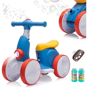 6V Electric Baby Balance Bike with Bubble Machine,4 in 1 Toddler Balance Bike w/Remote  1 Year Old Boys Girls Kids Bubble Bike Ride on Toys w/Powered Motor,Music,LED Lights (Blue&Red)