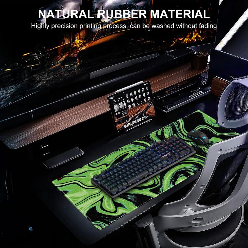 NPET N110 XXL Gaming Desk Mat 35x17 inch Non-Slip Stitched Edge for Office Home Mouse Mover Pad Desktop Accessory with Green Swirl Design