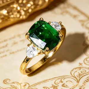 Luxury Golden-Plated Cushion Cut Created Emerald Statement Ring with Teardrop CZ Accents, Elegant Bridal Engagement Ring, Fine Jewelry for Women, Perfect for Parties, Valentine's Day & Gifting