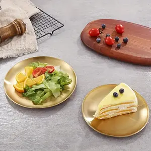 2pcs, Golden Pizza Plates, Stainless Steel Dinner Plate, Round Golden Tray, Food Serving Plate, Camping Plate, For Home Kitchen, Restaurant, Party Use