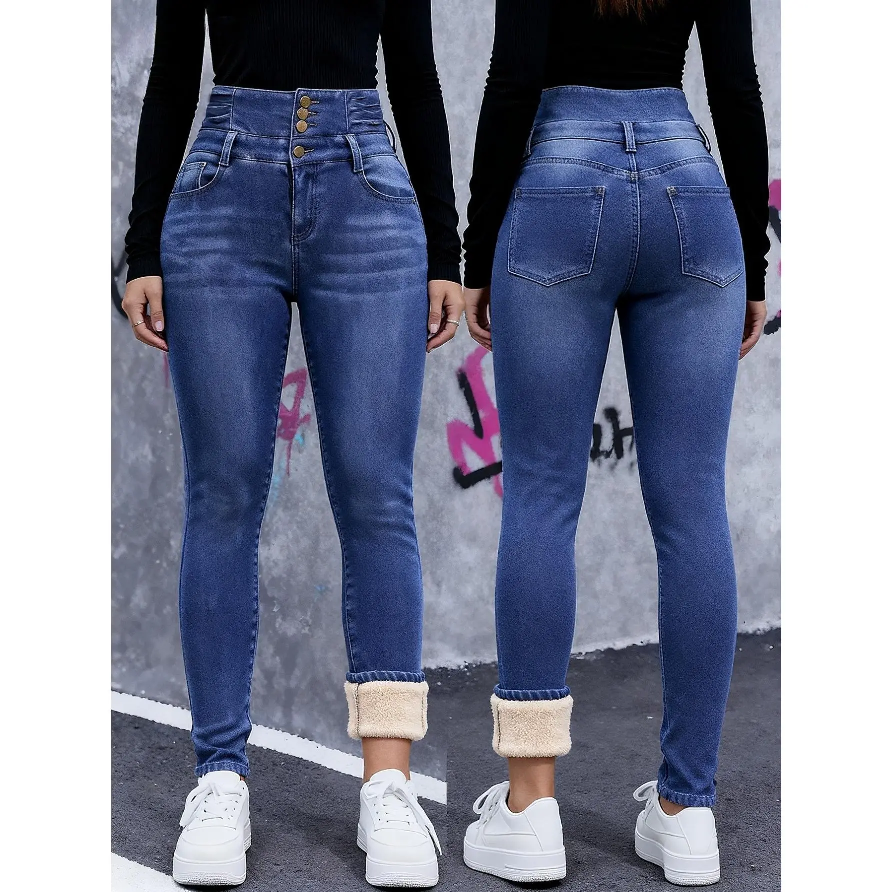 Women's High-Waisted Fleece-Lined Skinny Jeans - High-stretch, multi-button closure, thickened for winter warmth. Features butt-lifting and tummy control, in a light blue washed distressed denim. Machine washable, ideal for autumn and winter.