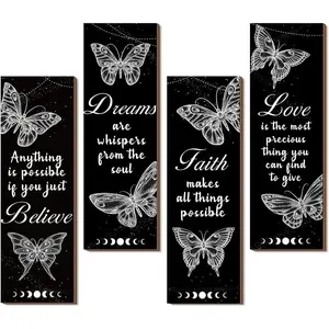 4 Pcs Butterfly Wall Decor 12 x 4 Inch Believe Faith Dream Love Inspirational Quote Wooden Sign Rustic Butterfly Bathroom Decor for Home Bathroom Bedroom Restroom Living Room Kitchen