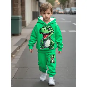 Boys Autumn Winter Cartoon Dinosaur Print Hoodie + Cartoon Dinosaur Print Sweatpants Two-Piece Set, Suitable for Boys' Outdoor Wear in Autumn and Winter, Gift for Children