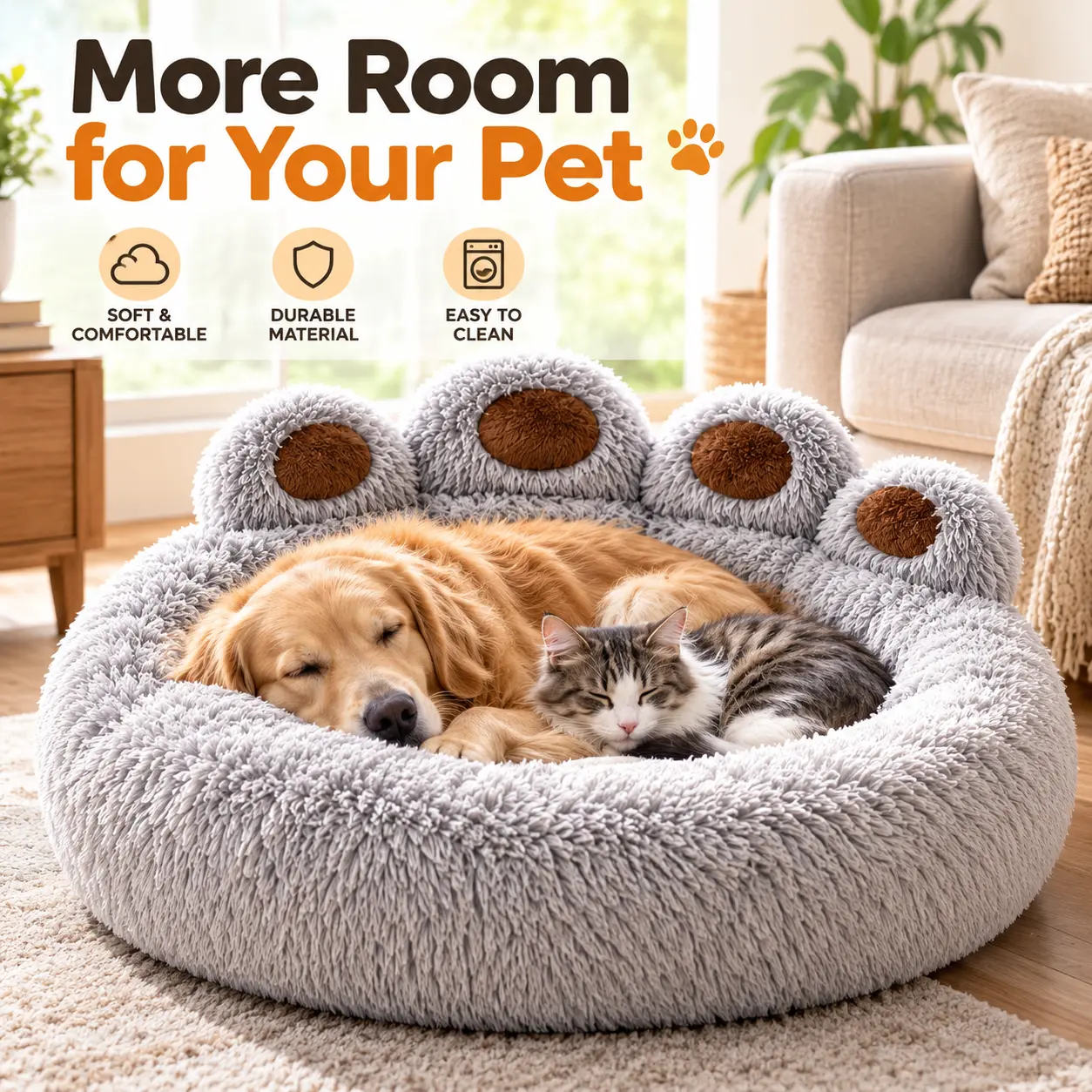 Contemporary Fluffy Bear-Paw Shaped Round Donut Pet Bed - Thick Ultra-Soft Shaggy, Calms Anxiety, Warmth Boost, Washable Vacuum-Pack Cushion for Small-Large Cats & Puppies Indoor Winter Resting