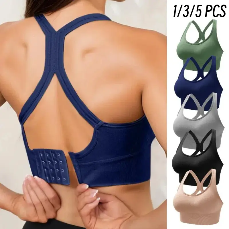 Women's 5-Pack Seamless Shaping Sports Bras, V-Neck Padded Push-Up Tops with Adjustable Crisscross Back for Yoga, Gym & Daily Wear, Gym Sports Bra