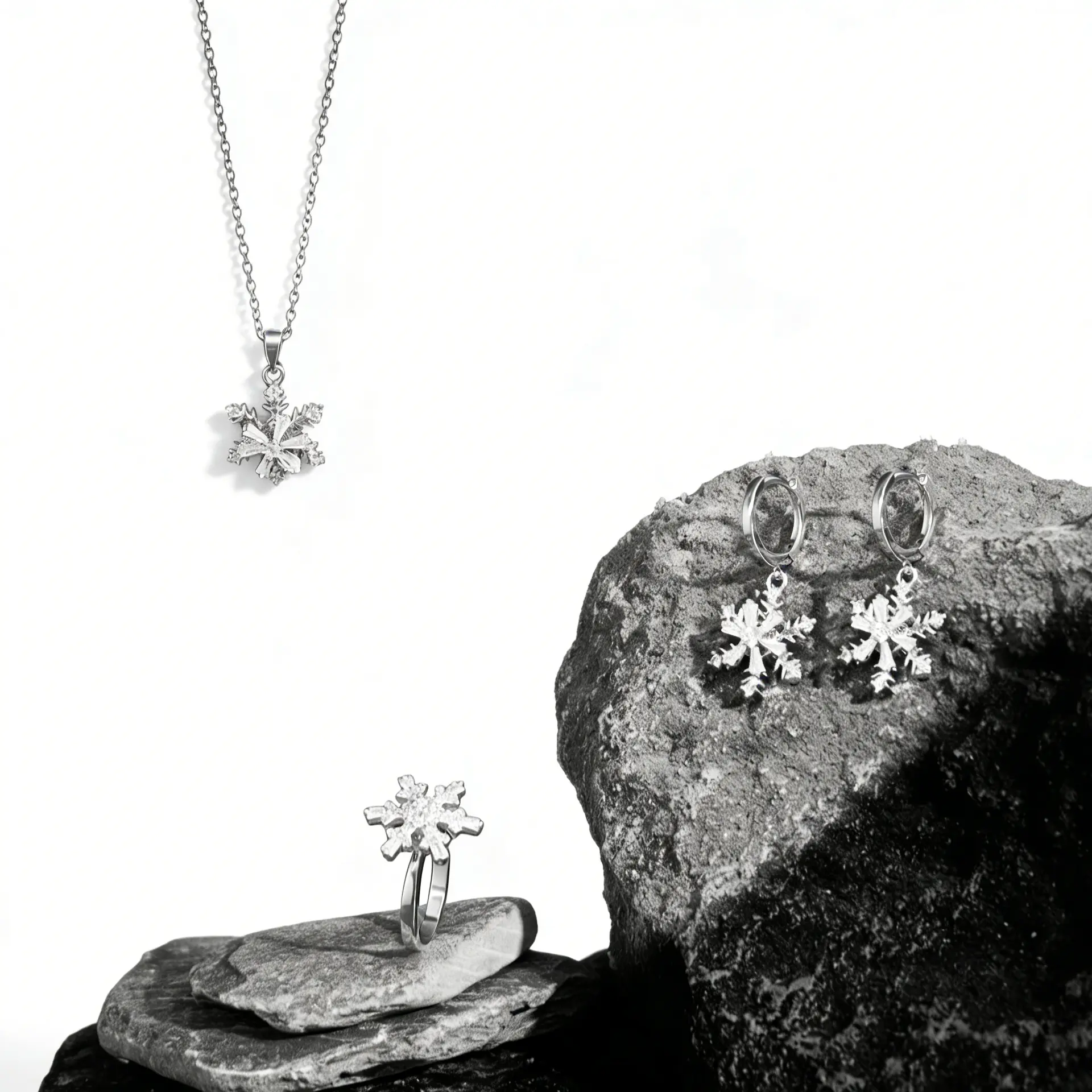 Women's Lightweight Sensitive-Skin-Friendly Snowflake Jewelry 3-Piece Hand Tool Kit - Necklace, Earrings, Ring - Sparkling Gift for Birthday, Anniversary, Winter Occasions (for Mothers, Female Users)