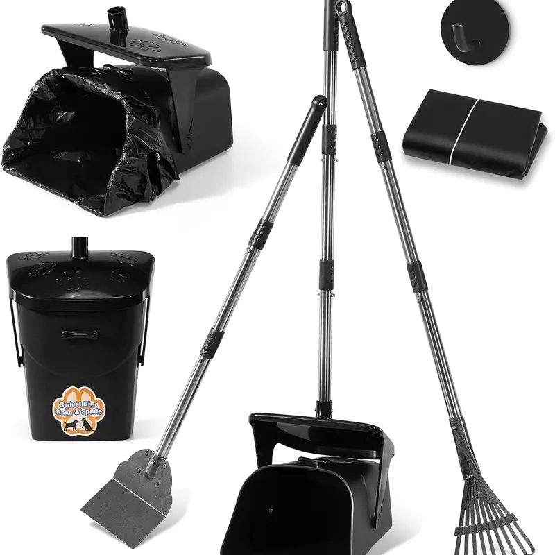 Stainless Steel Dog Pooper Scooper,40" Long Handle Swivel Bin, Rake and Spade,20 Waste Bags & Hook - Heavy Duty Portable Metal Poop Scooper for Large,Medium and Small Dogs