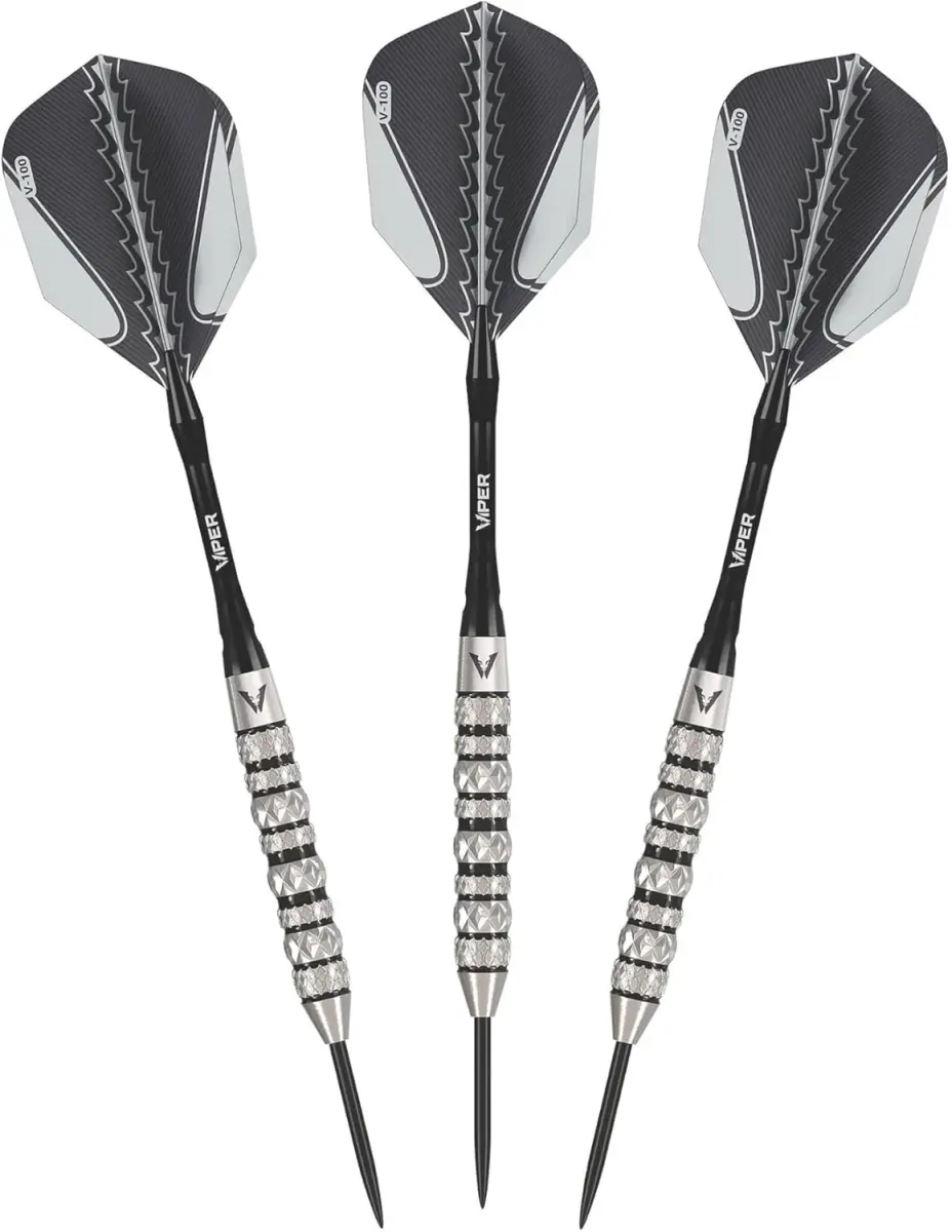 Viper Diamond Steel Tip Dart Set, 90% Tungsten Barrels with Knurled Grip, 26g, Aluminum Locking Shafts, Black & Silver, Locking Shaft, Consistent Grip, Sisal Boards, 26 Grams
